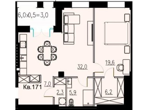 КД LOFT EGOIST: планировка 1-комнатной квартиры 77 м²