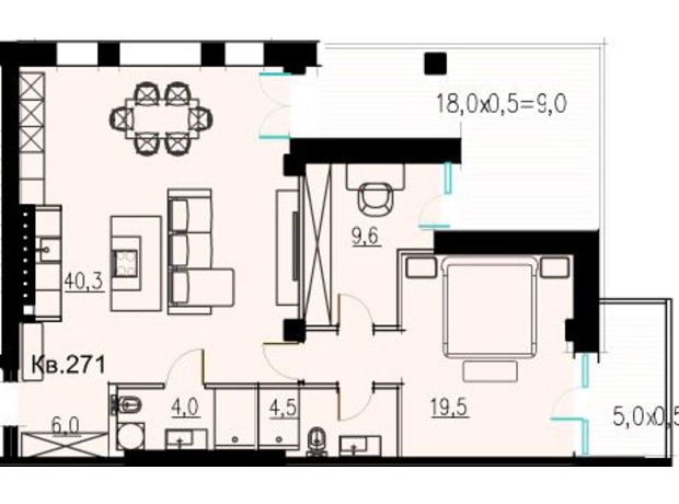 КБ LOFT EGOIST: планування 2-кімнатної квартири 97.5 м²