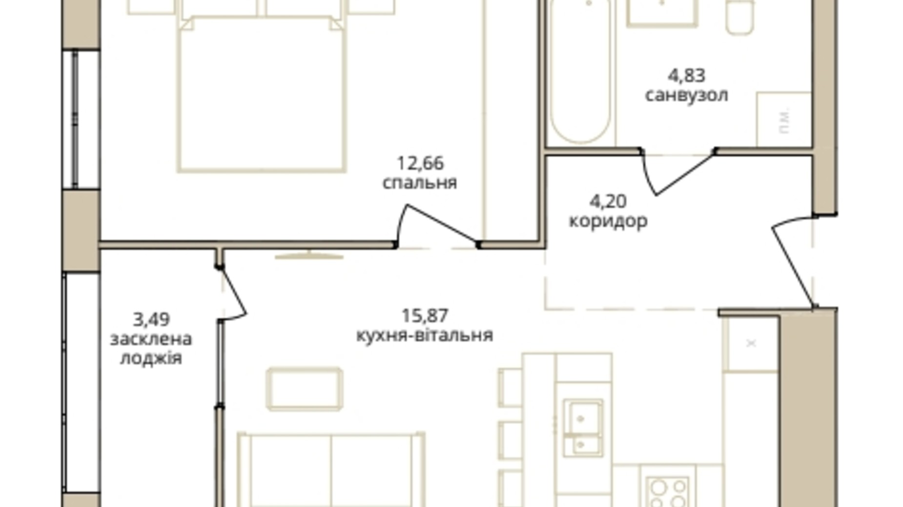 Планування 1-кімнатної квартири в ЖК Dream Lake 41.05 м², фото 310230