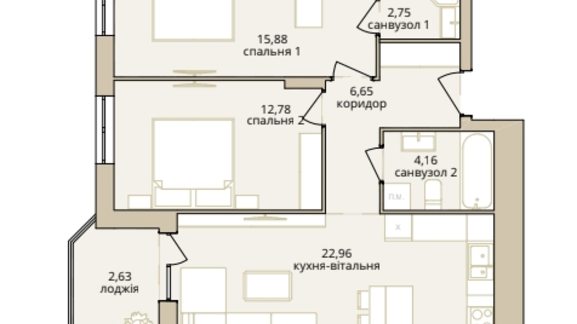 Планування 2-кімнатної квартири в ЖК Dream Lake 67.81 м², фото 310232