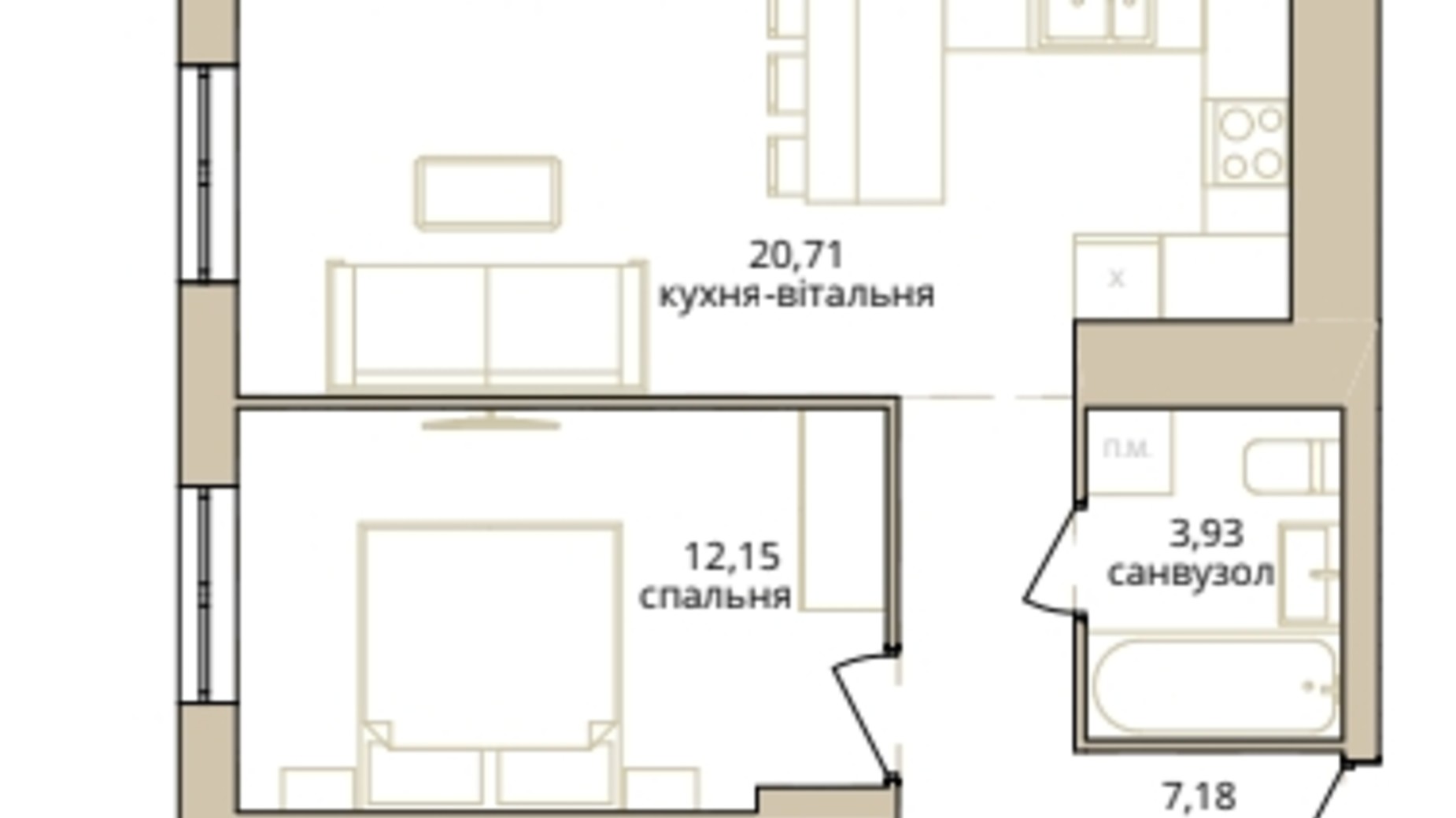 Планування 2-кімнатної квартири в ЖК Dream Lake 64.01 м², фото 310233