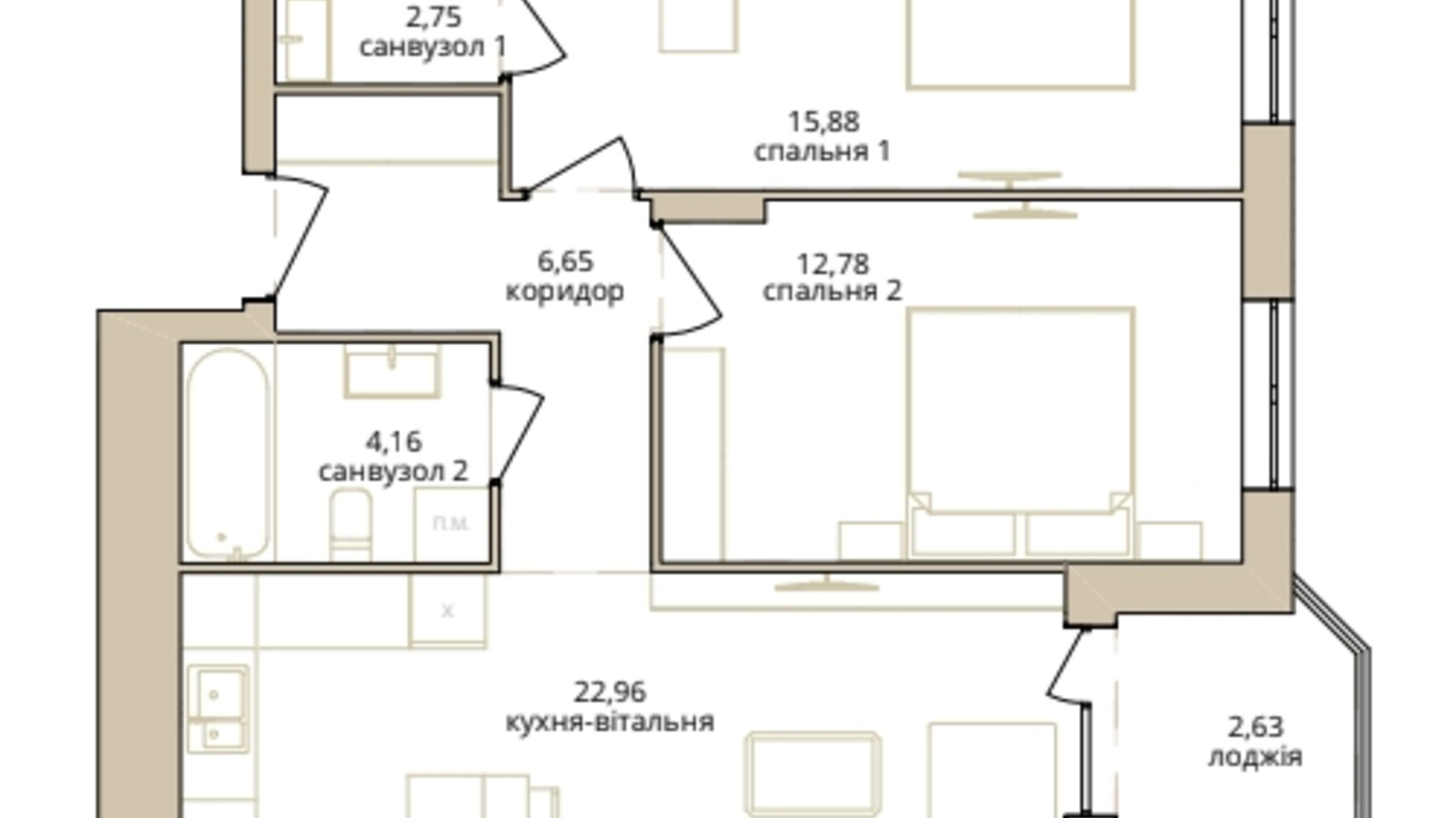 Планування 2-кімнатної квартири в ЖК Dream Lake 67.81 м², фото 310234