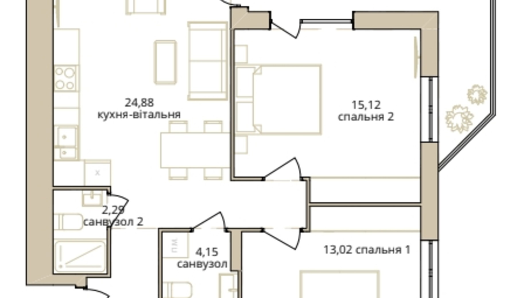 Планування 2-кімнатної квартири в ЖК Dream Lake 67.31 м², фото 310235