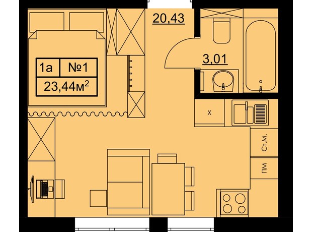КБ Bulgakoff Residence: планування 1-кімнатної квартири 23.47 м²