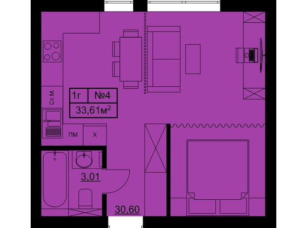 КД Bulgakoff Residence: планировка 1-комнатной квартиры 33.11 м²