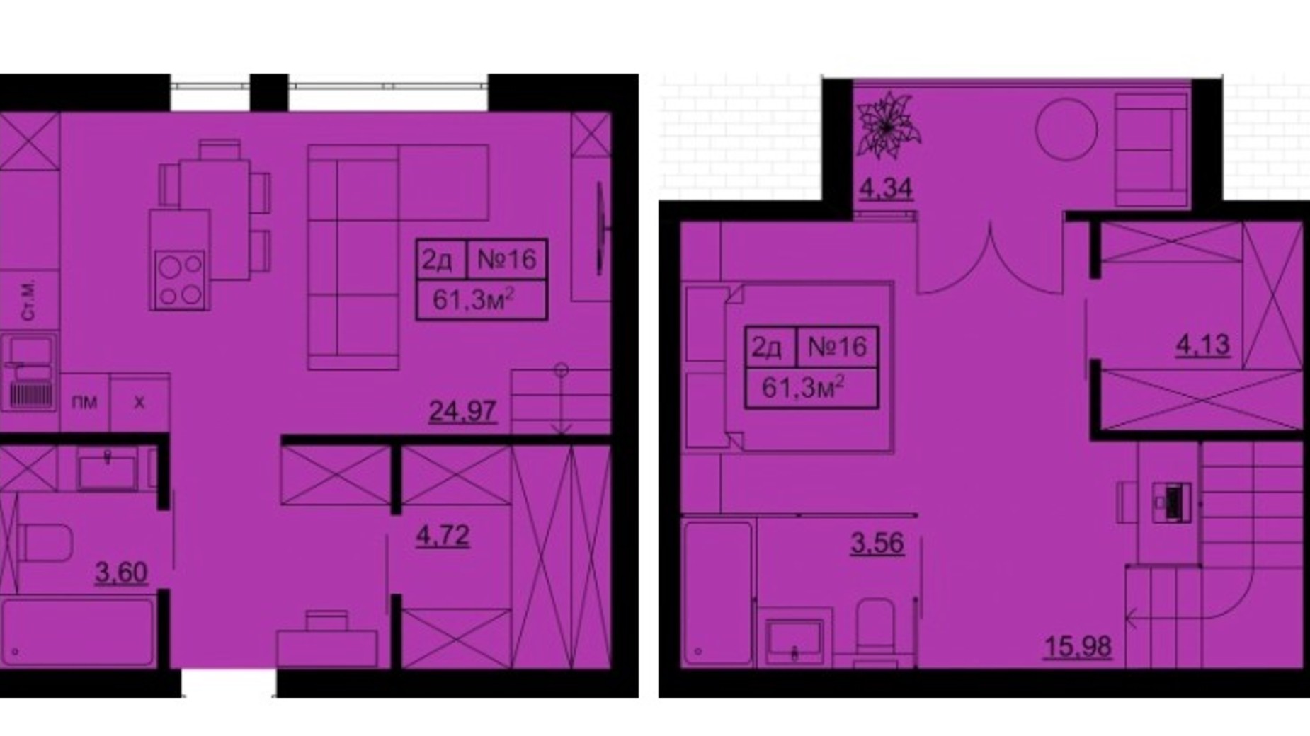 Планировка много­уровневой квартиры в КД Bulgakoff Residence 63.32 м², фото 310718