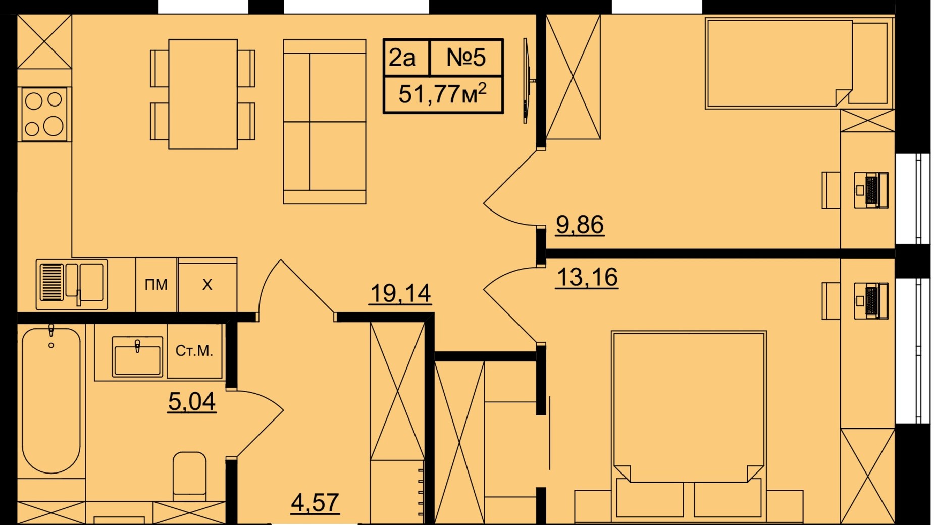 Планировка 2-комнатной квартиры в КД Bulgakoff Residence 51.39 м², фото 310719