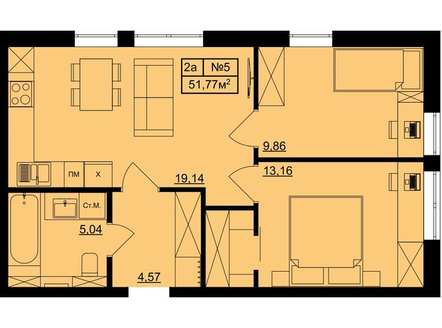 КД Bulgakoff Residence: планировка 2-комнатной квартиры 51.39 м²