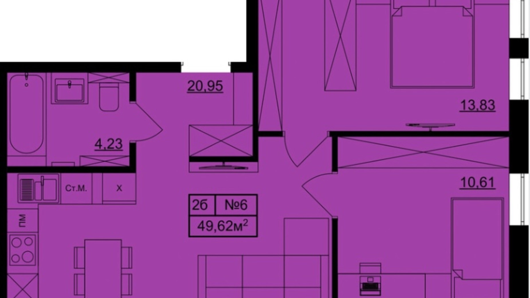 Планировка 2-комнатной квартиры в КД Bulgakoff Residence 49.5 м², фото 310720