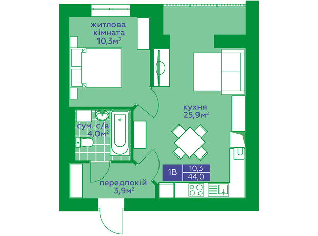 ЖК Квартал Парковий: планування 1-кімнатної квартири 44 м²