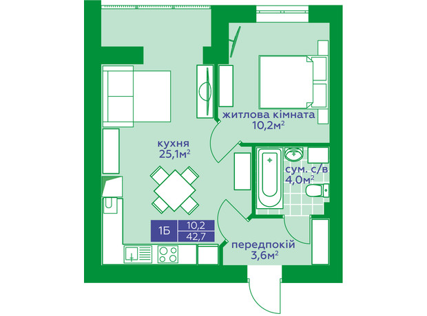 ЖК Квартал Парковий: планування 1-кімнатної квартири 42.7 м²