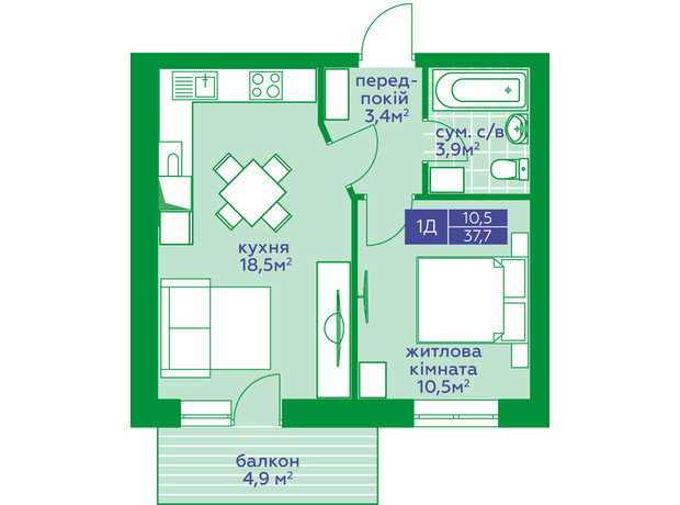 ЖК Парковий Квартал : планування 1-кімнатної квартири 37.7 м²