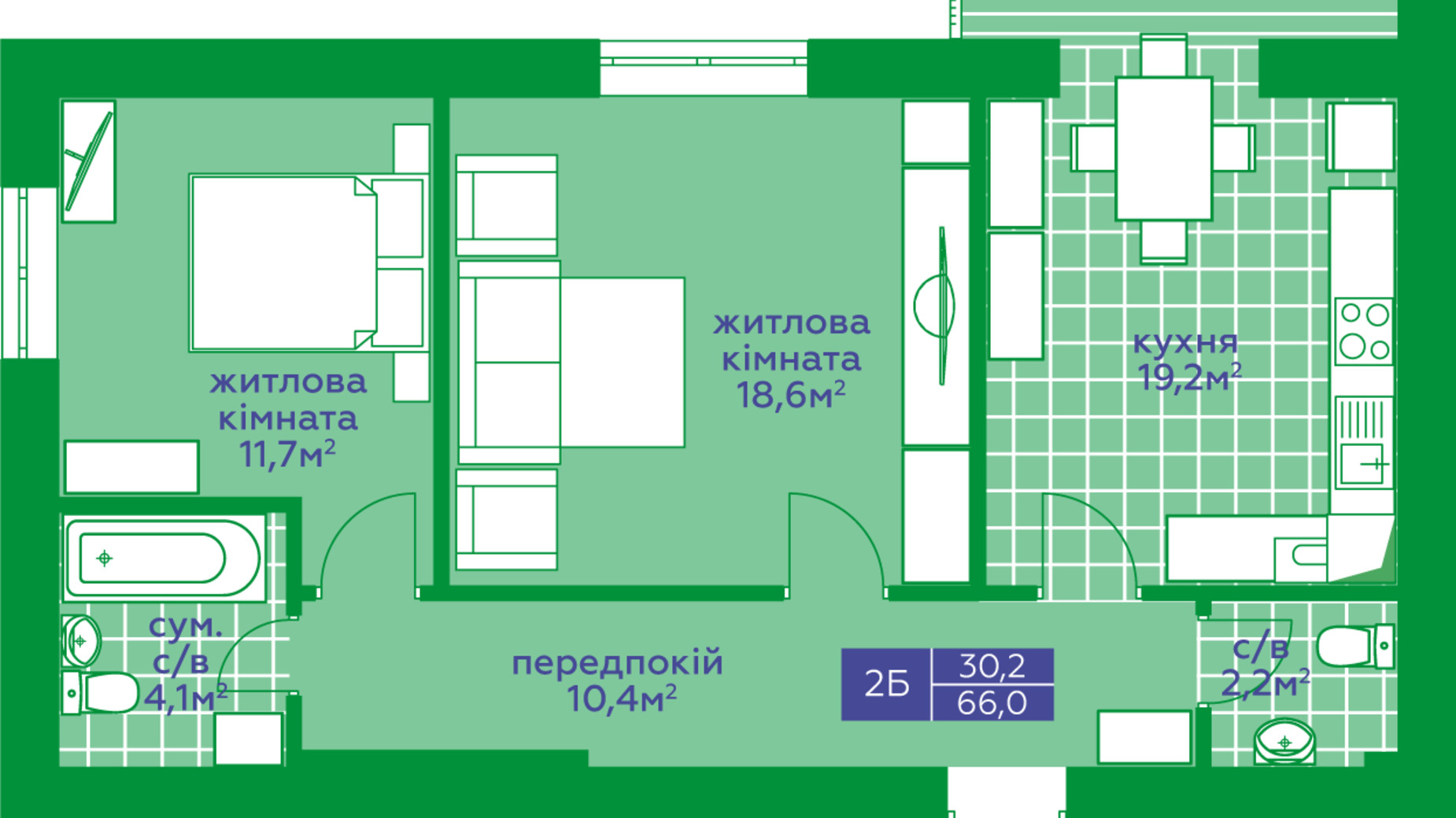 Планування 2-кімнатної квартири в ЖК Парковий Квартал  66 м², фото 311069