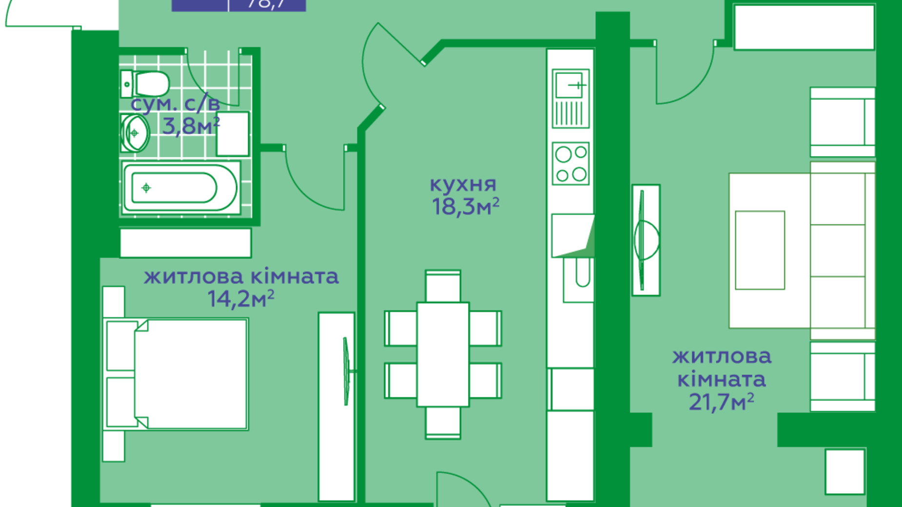 Планировка 3-комнатной квартиры в ЖК Парковый Квартал  78.7 м², фото 311085