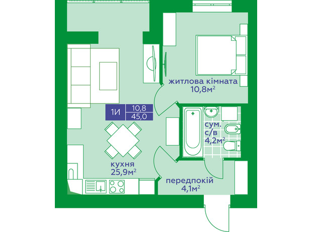 ЖК Квартал Парковий: планування 1-кімнатної квартири 45 м²