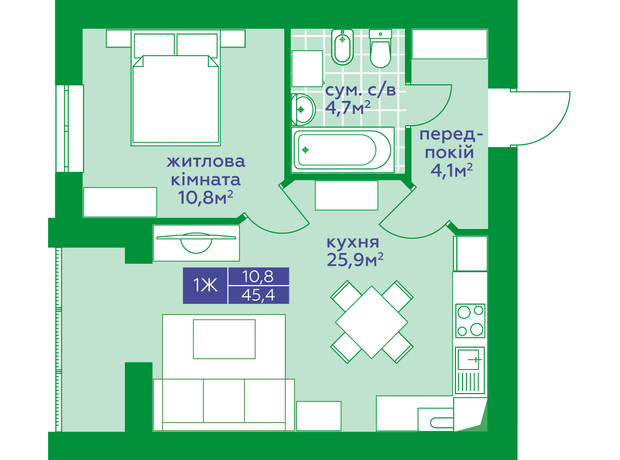 ЖК Парковый Квартал : планировка 1-комнатной квартиры 45.4 м²