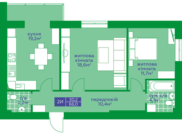 ЖК Квартал Парковий: планування 2-кімнатної квартири 66 м²