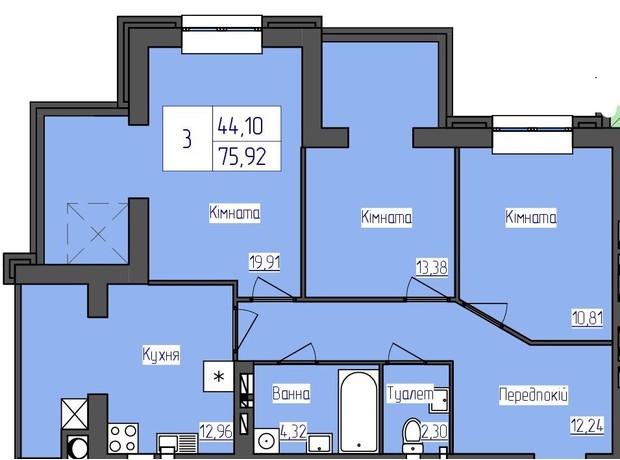 ЖК Олимпийский: планировка 3-комнатной квартиры 75.92 м²