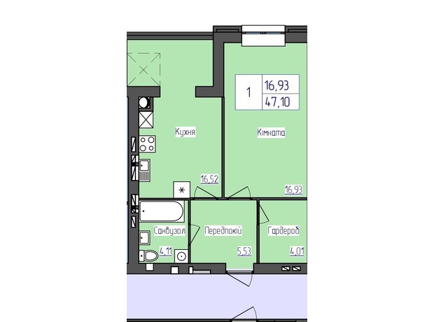 ЖК Олімпійський: планування 1-кімнатної квартири 47.1 м²