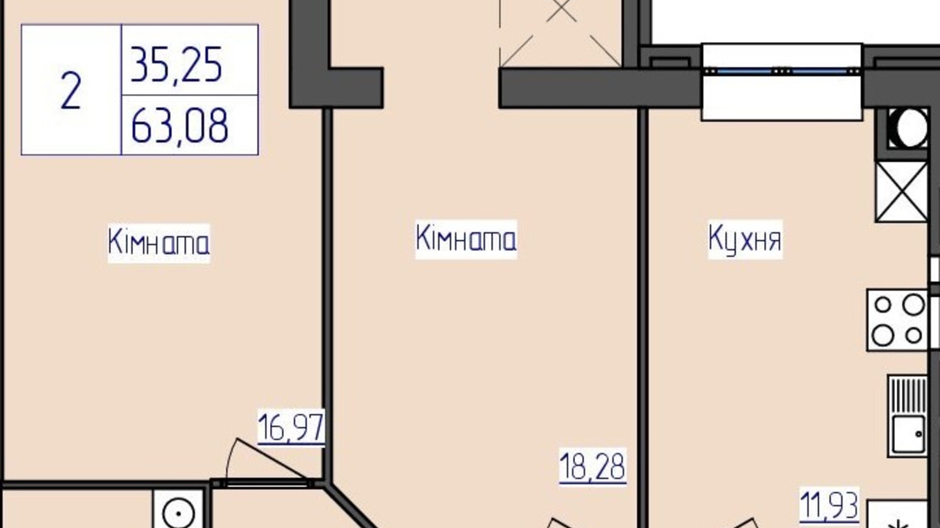 Планировка 2-комнатной квартиры в ЖК Олимпийский 63.08 м², фото 311385