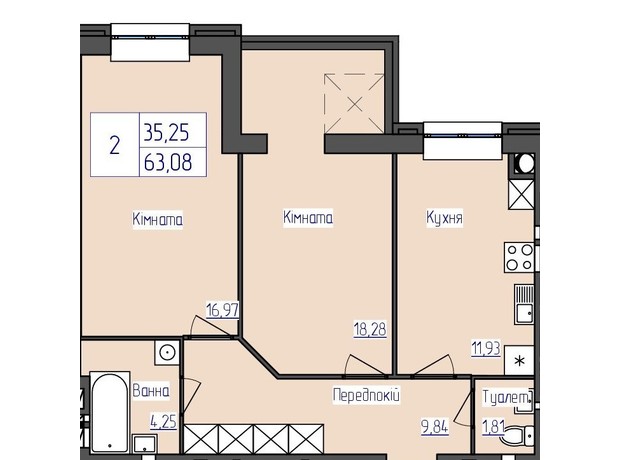 ЖК Олимпийский: планировка 2-комнатной квартиры 63.08 м²