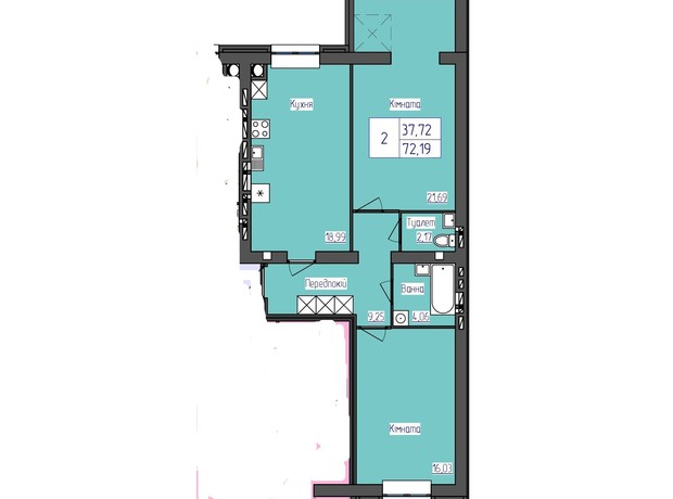 ЖК Олимпийский: планировка 2-комнатной квартиры 72.19 м²