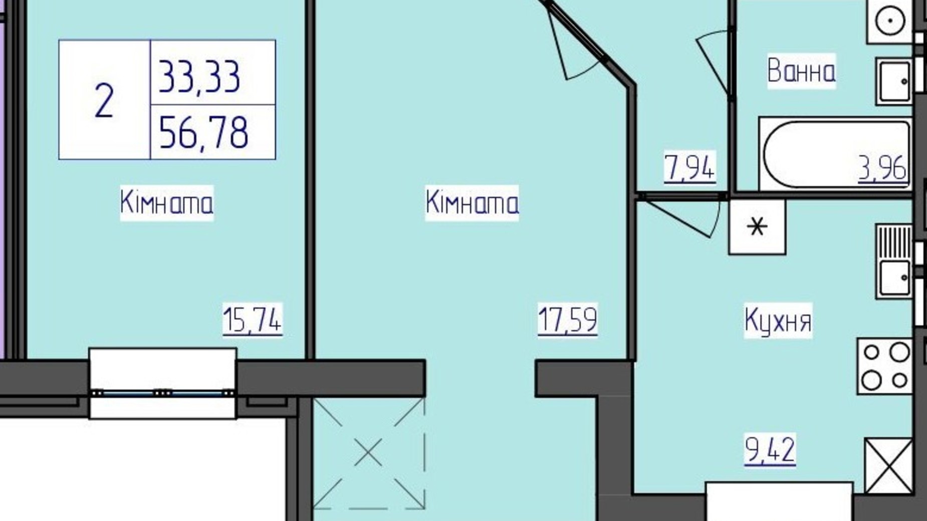 Планировка 2-комнатной квартиры в ЖК Олимпийский 56.78 м², фото 311429