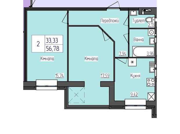 ЖК Олімпійський: планування 2-кімнатної квартири 56.78 м²