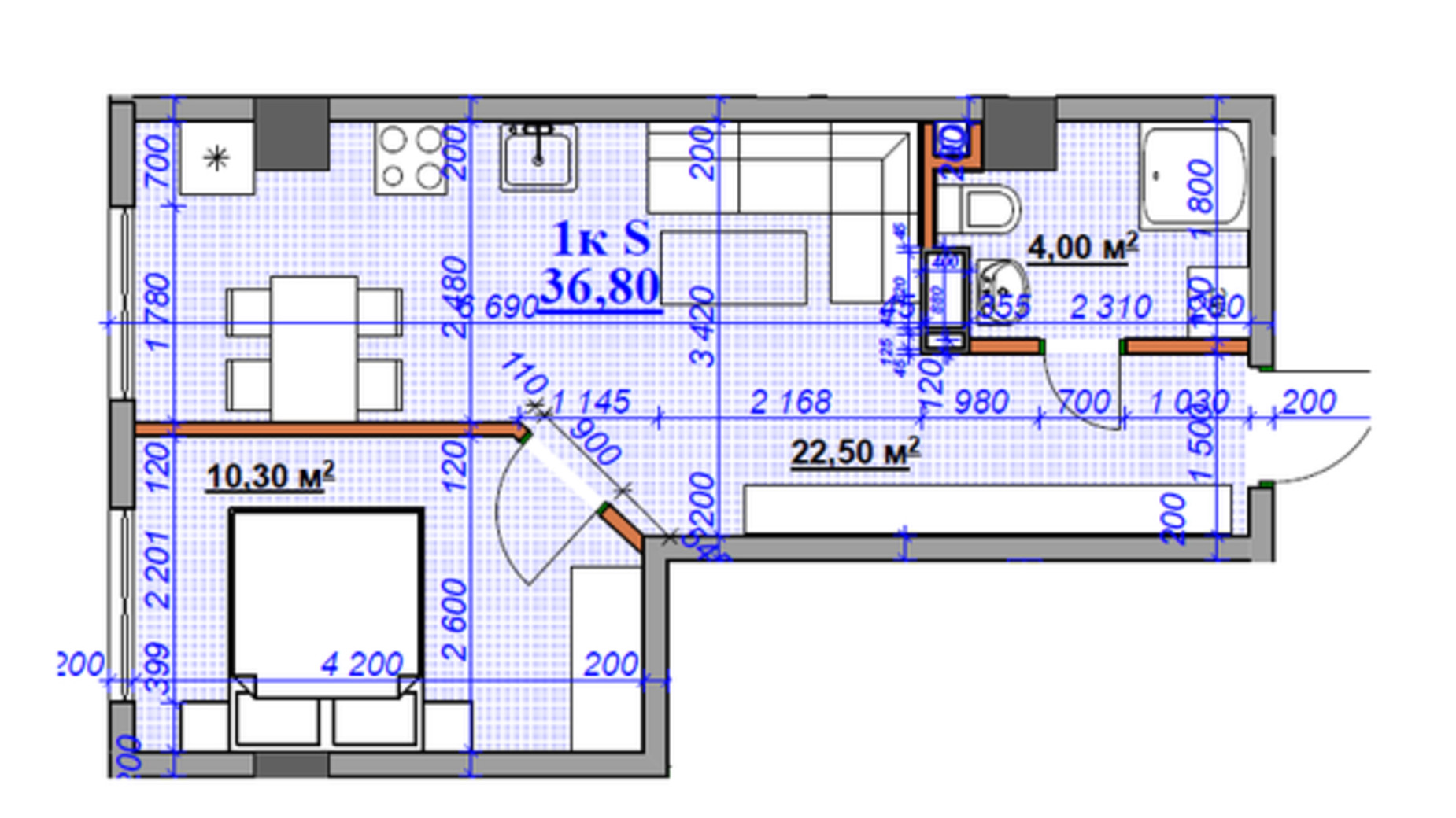 Планування 1-кімнатної квартири в ЖК Grand Hall 36.8 м², фото 311498