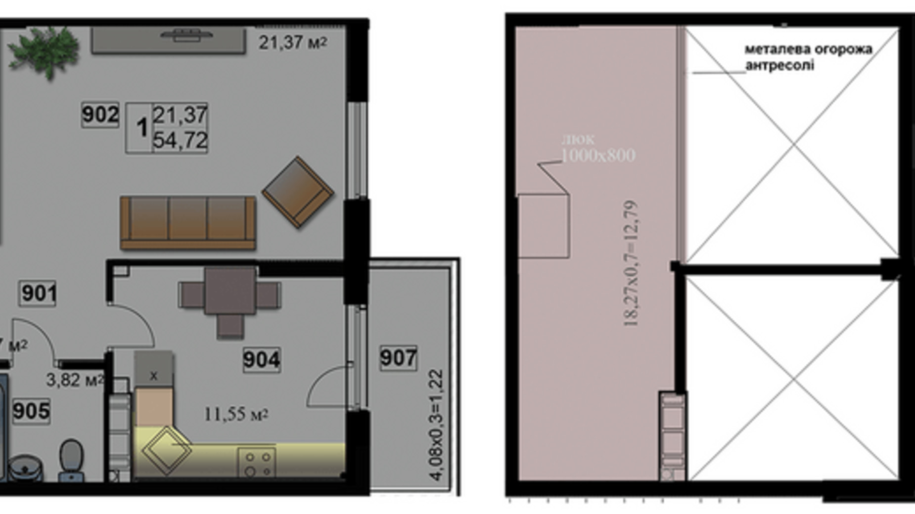 Планування 1-кімнатної квартири в ЖК Абрикос 54.72 м², фото 311822