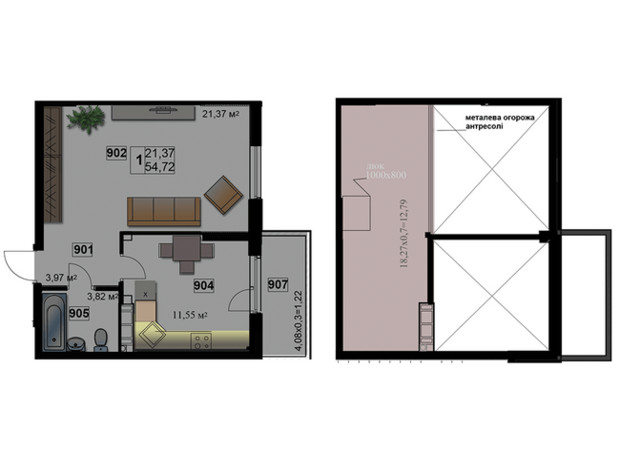 ЖК Абрикос: планування 1-кімнатної квартири 54.72 м²