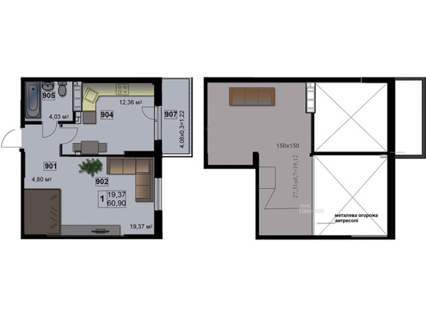 ЖК Абрикос: планування 1-кімнатної квартири 60.9 м²