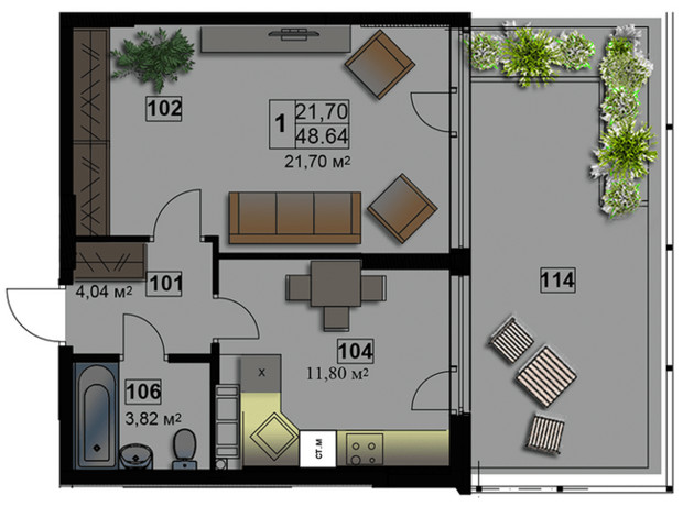 ЖК Абрикос: планировка 1-комнатной квартиры 48.64 м²