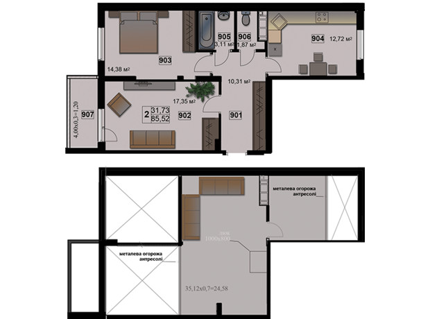 ЖК Абрикос: планировка 2-комнатной квартиры 85.52 м²