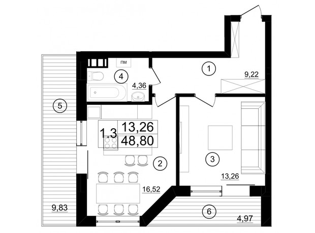 КД м29: планировка 1-комнатной квартиры 48.8 м²