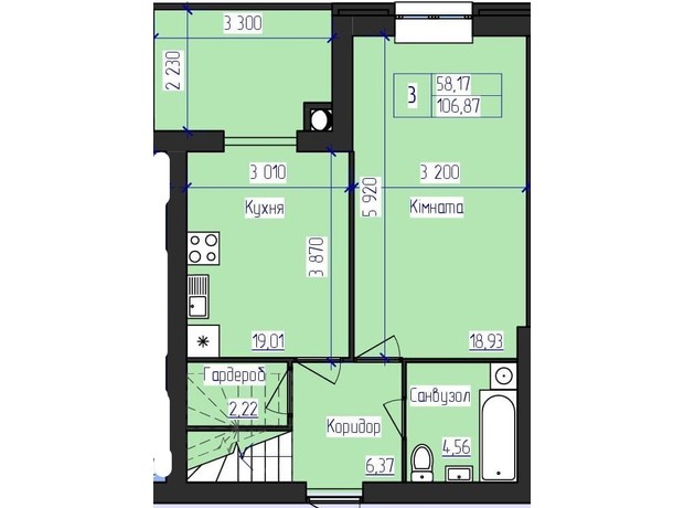 ЖК Олимпийский: планировка 3-комнатной квартиры 106.87 м²