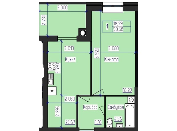 ЖК Олимпийский: планировка 1-комнатной квартиры 50.68 м²