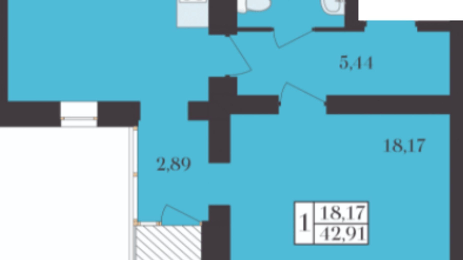 Планировка 1-комнатной квартиры в ЖК Элегант 42.91 м², фото 312253