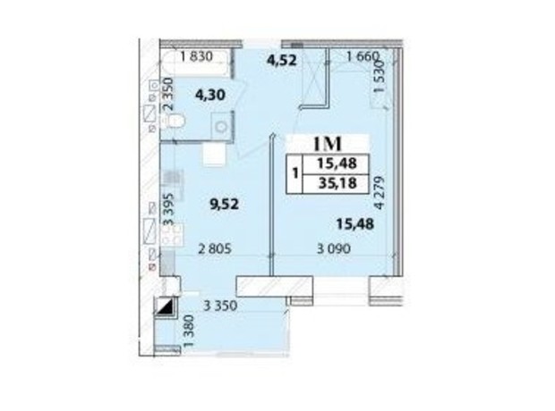 ЖК Масани Лісовий: планування 1-кімнатної квартири 35.18 м²