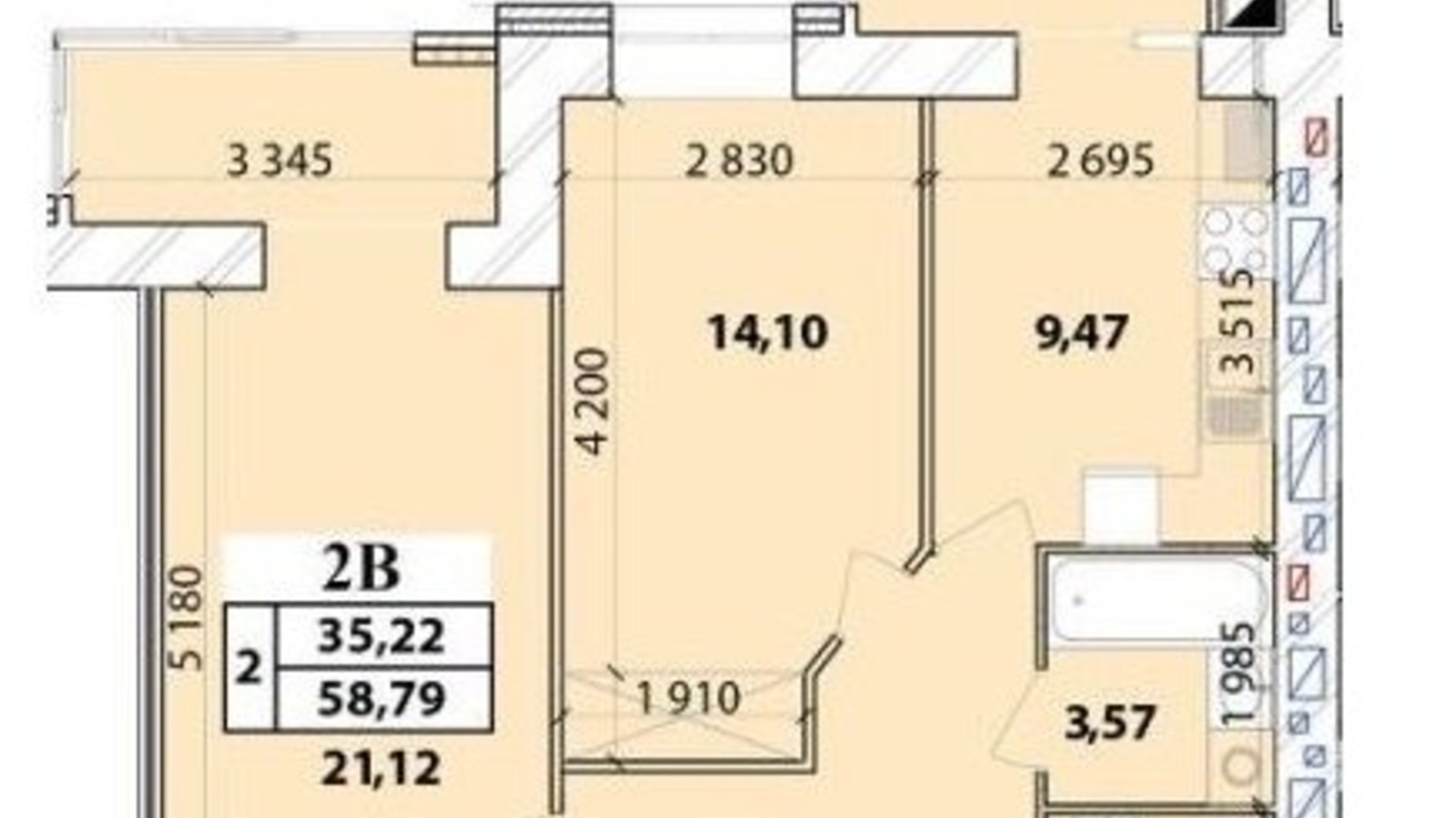 Планировка 2-комнатной квартиры в ЖК Масаны Лесной 58.79 м², фото 312276