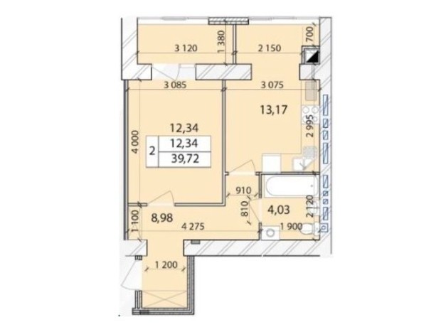 ЖК Масани Лісовий: планування 1-кімнатної квартири 39.72 м²