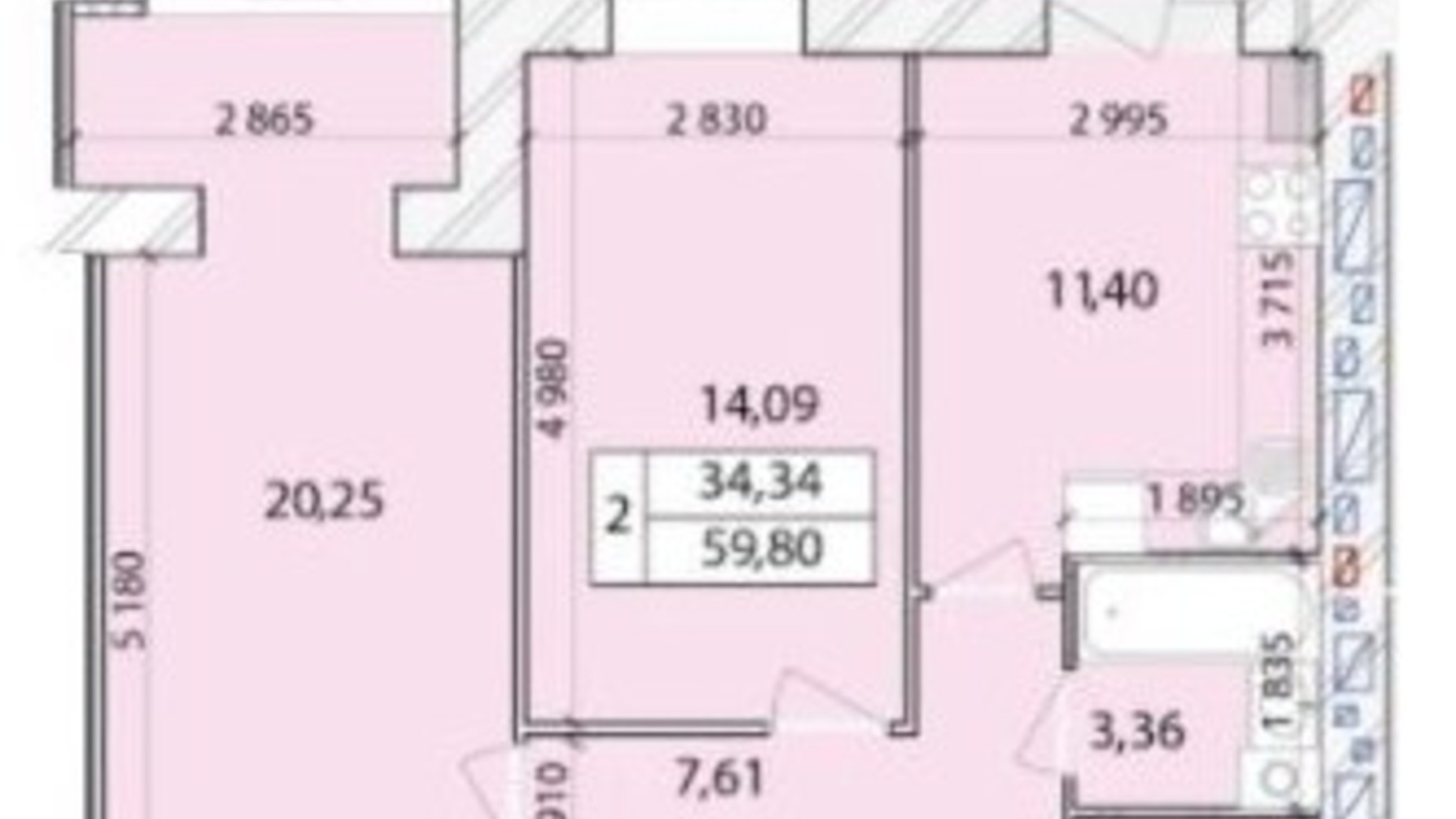 Планировка 2-комнатной квартиры в ЖК Масаны Лесной 59.8 м², фото 312280