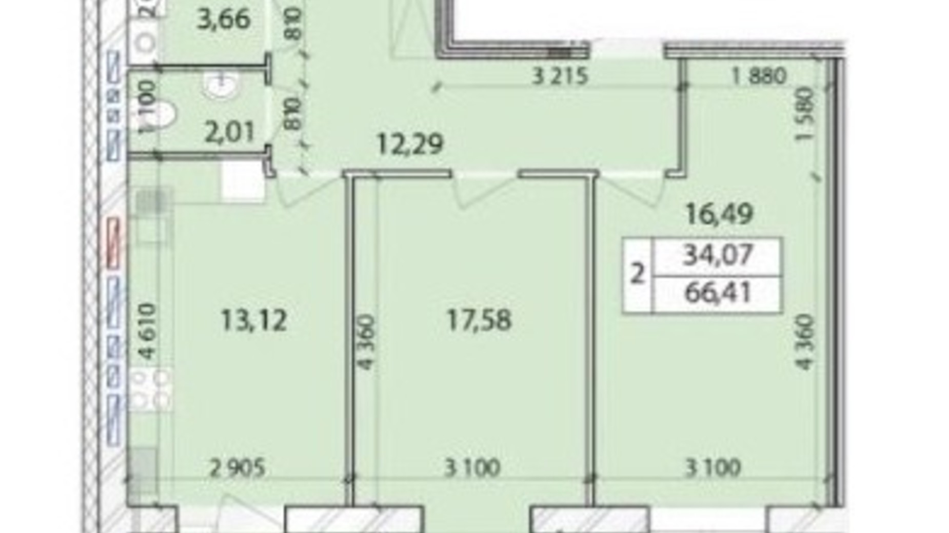 Планировка 2-комнатной квартиры в ЖК Масаны Лесной 66.41 м², фото 312281