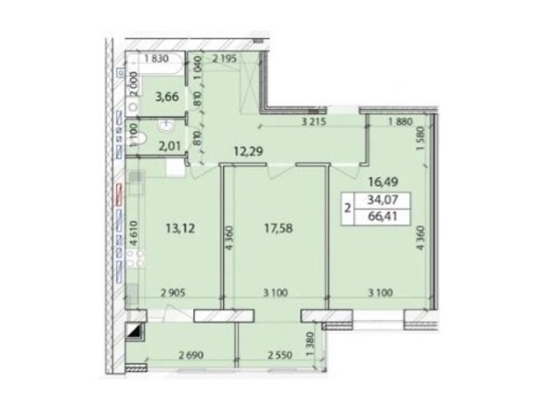 ЖК Масани Лісовий: планування 2-кімнатної квартири 66.41 м²