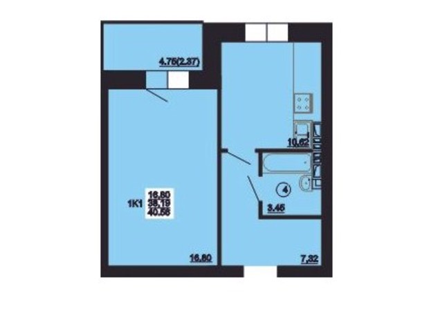 ЖК Мирный: планировка 1-комнатной квартиры 40.56 м²