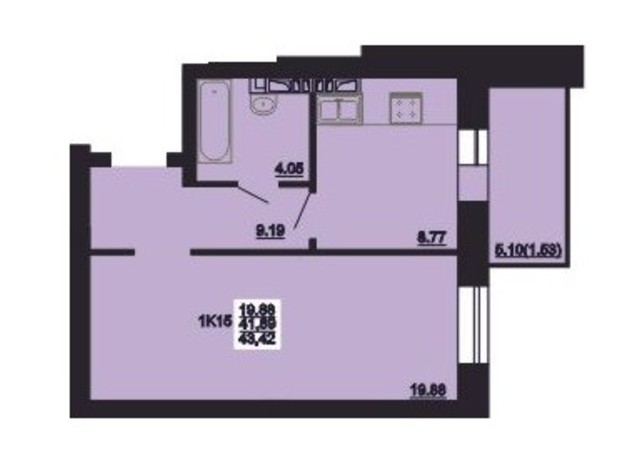 ЖК Мирний: планування 1-кімнатної квартири 43.42 м²