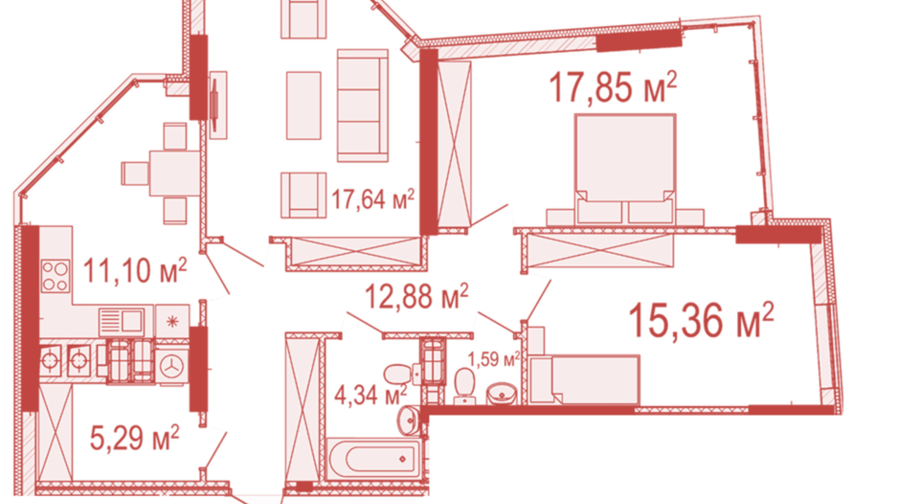 Планировка 3-комнатной квартиры в ЖК Crystal  Avenue 86.05 м², фото 312323