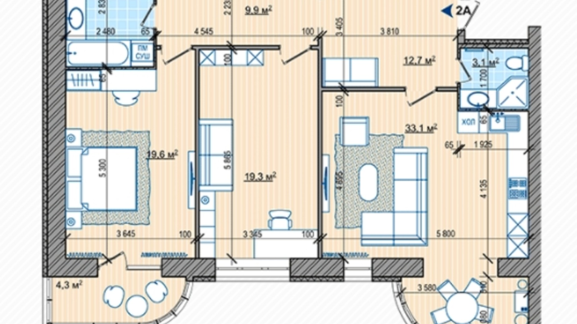 Планування 2-кімнатної квартири в ЖК Парковий 108.8 м², фото 312411