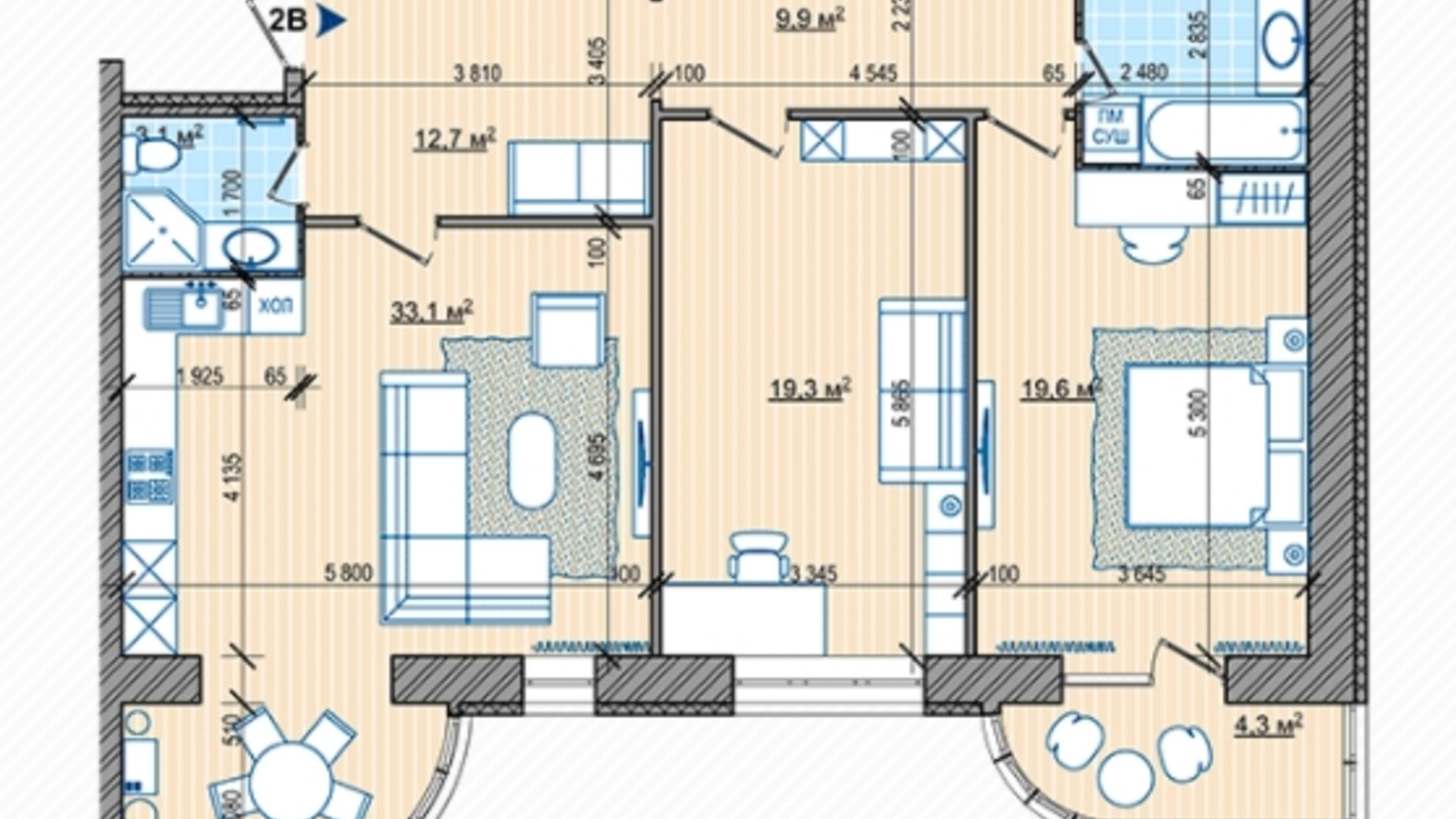 Планування 2-кімнатної квартири в ЖК Парковий 108.8 м², фото 312412