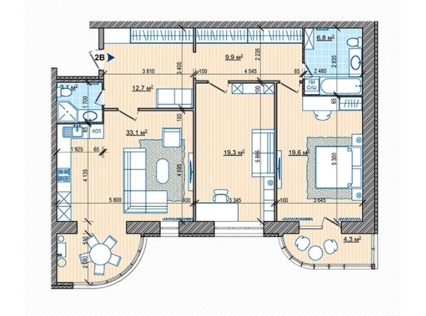 ЖК Парковый: планировка 2-комнатной квартиры 108.8 м²